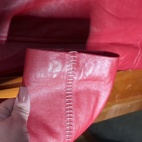 ELENA by FERME* red leather trench button front 2pkt white accent stitching sz M - Picture 6 of 17